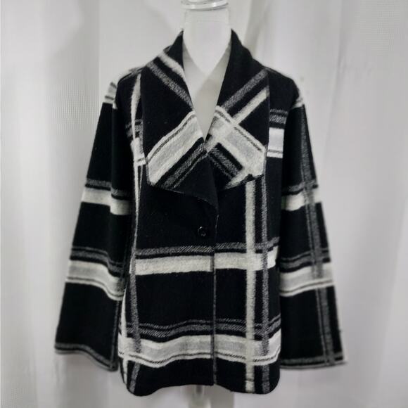 CHICO'S! BLACK & WHITE PLAID FINE WOOL BLEND DECONSTRUCTED JACKET! SZ L - Picture 2 of 10